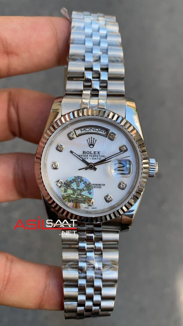 Rolex Day Date Beyaz Taşlı Kadran Bayan Kol Saati 36 mm 18039 White Dial Diamond Lady Silver Replika Saat RBA002