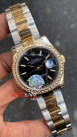 Rolex Datejust 36 mm Lady Bezel Diamond Oyster 126233 Siyah Kadran Taşlı Bezel Bayan Saati RBA068