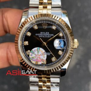 Rolex Datejust Jubilee 36 mm Taşlı Siyah Kadran Bayan Saati 116223 Dial Diamond Silver Gold Ladies RBA069