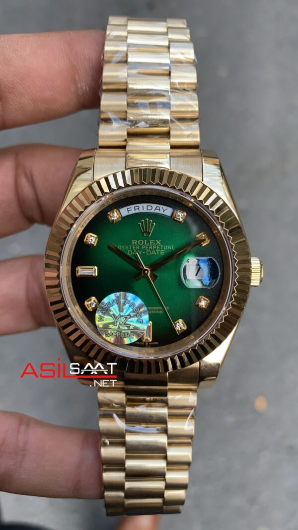 Rolex Day Date President Diamond Dial Yeşil Kadran 40 mm 128238 Green Gold Replika Saat ROLDD062