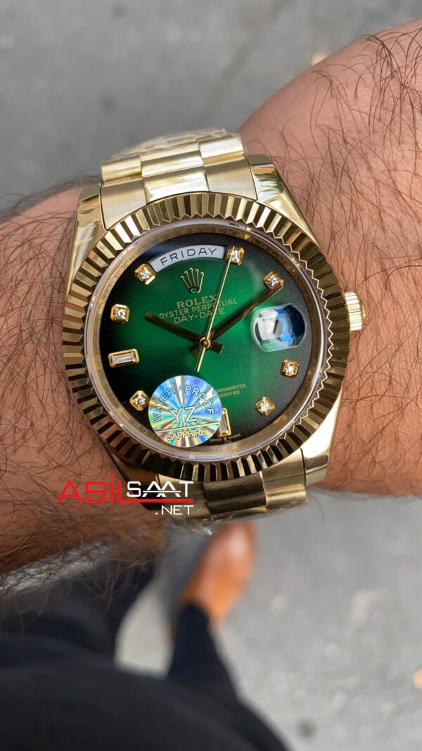 Rolex Day Date President Diamond Dial Yeşil Kadran 40 mm 128238 Green Gold Replika Saat ROLDD062