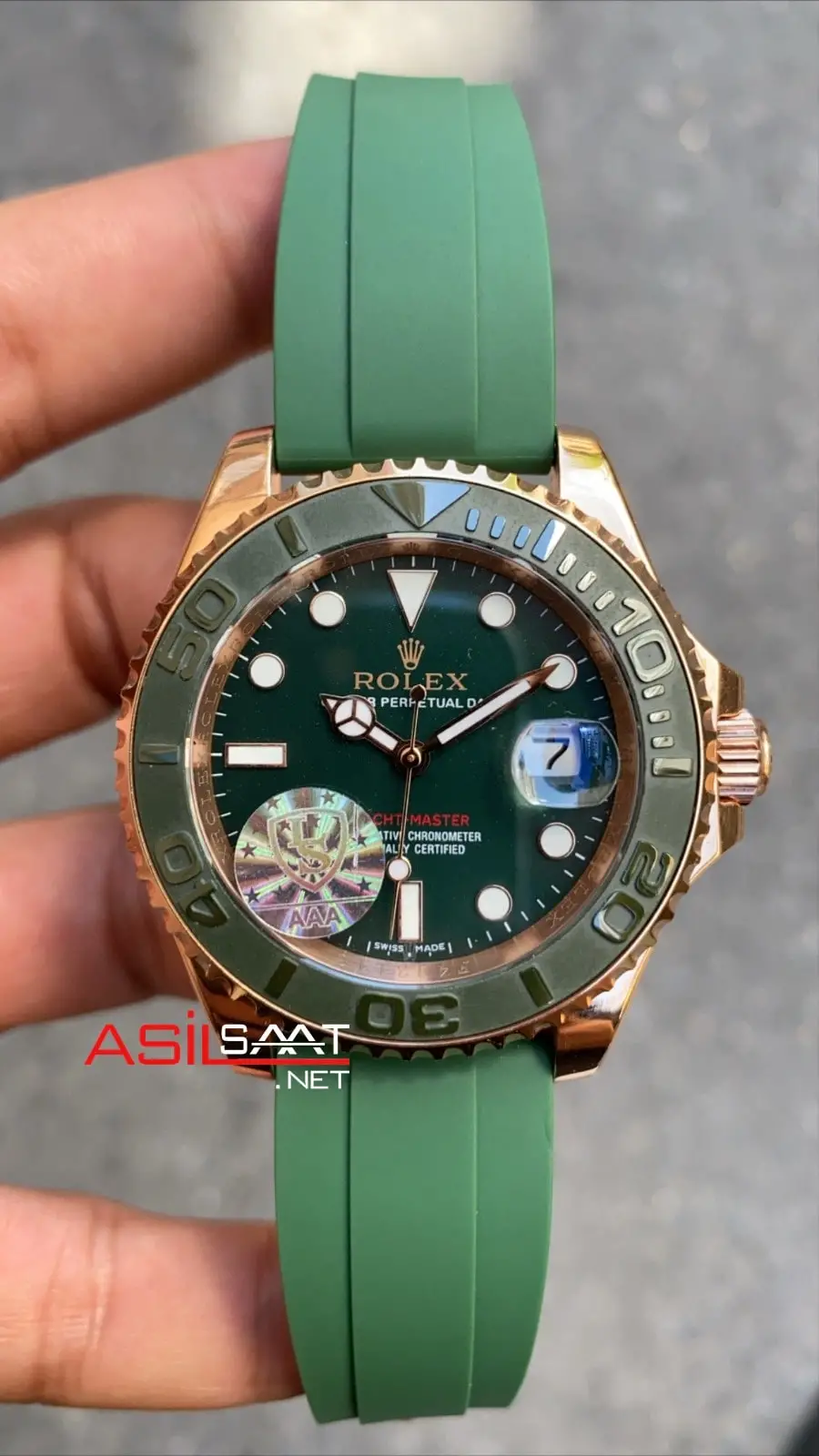 Rolex Yacht Master Green Everose Rubber 40 mm Oysterflex Rose Gold Replika Saat ROLYAC011