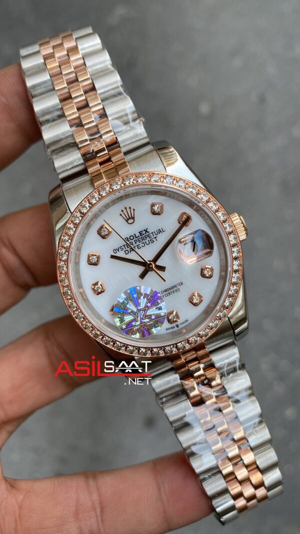 Rolex Datejust Bayan Saati Taşlı Beyaz Kadran 36 mm Silver Rose Gold Lady White Diamond Dial Jubilee RBA082
