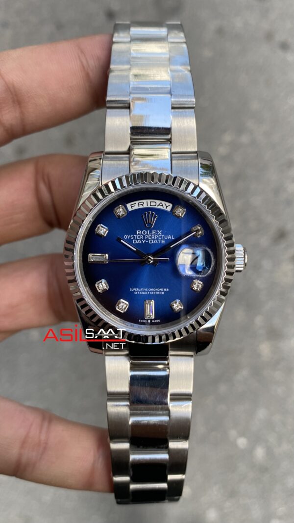 Rolex Day Date 128239 Oyster Taşlı Mavi Kadran Kadın Saati 36 mm Blue Dial Diamond Ladies