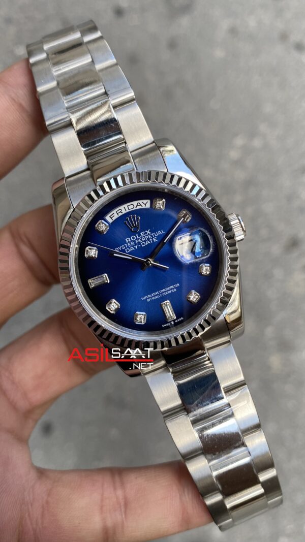 Rolex Day Date 128239 Oyster Taşlı Mavi Kadran Kadın Saati 36 mm Blue Dial Diamond Ladies