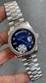 Rolex Day Date 36 mm Taşlı Mavi Kadran Bayan Kol Saati 128239 Blue Silver Diamond Dial Lady RBA016