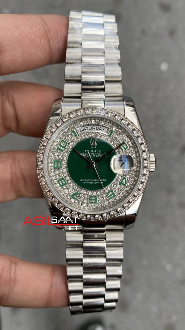 Rolex Day Date Diamond Lady 118388 Paved Green Diamond Silver 36 mm Kadın Kol Saati