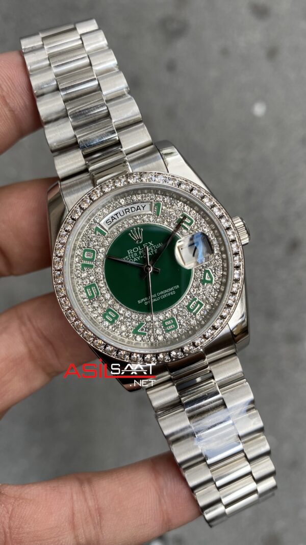 Rolex Day Date Diamond Lady 118388 Paved Green Diamond Silver 36 mm Kadın Kol Saati