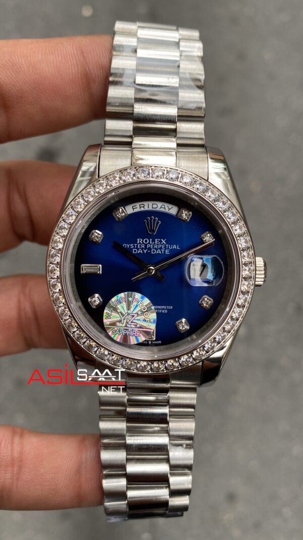 Rolex Day Date President Diamond Mavi Kadran 40 mm 128349 Blue Silver Replika Saat ROLDD061