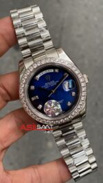 Rolex Day Date President Diamond Mavi Kadran 40 mm 128349 Blue Silver Replika Saat ROLDD061