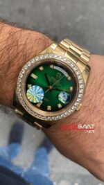 Rolex Day Date President Diamond Yeşil Kadran 40 mm 128238 Green Gold Replika Saat ROLDD060