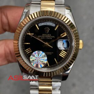 Rolex Day Date President Siyah Kadran 40 mm Silver Gold Replika Saat ROLDD016