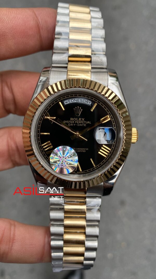 Rolex Day Date President Siyah Kadran 40 mm Silver Gold Replika Saat ROLDD016