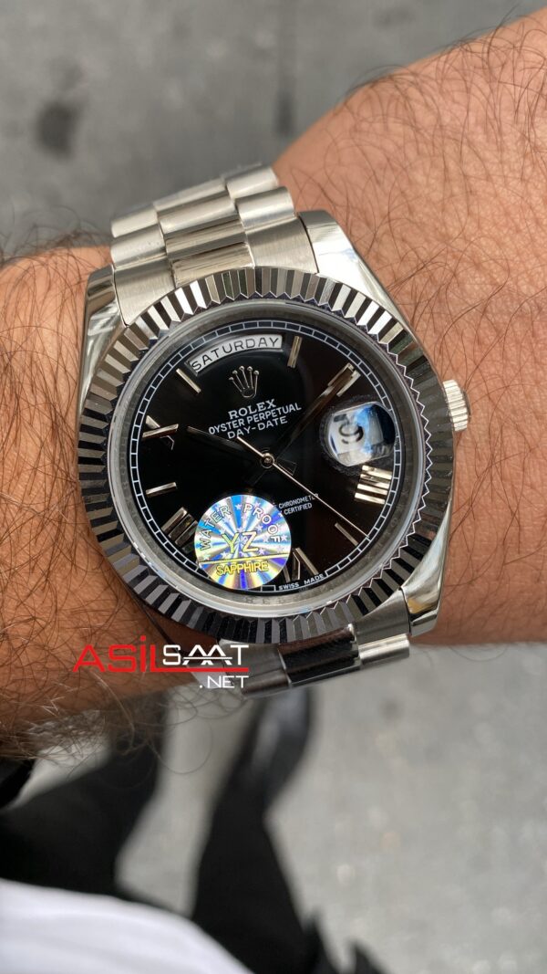 Rolex Day Date Siyah Kadran 40 mm 218239 Silver Replika Saat ROLDD001