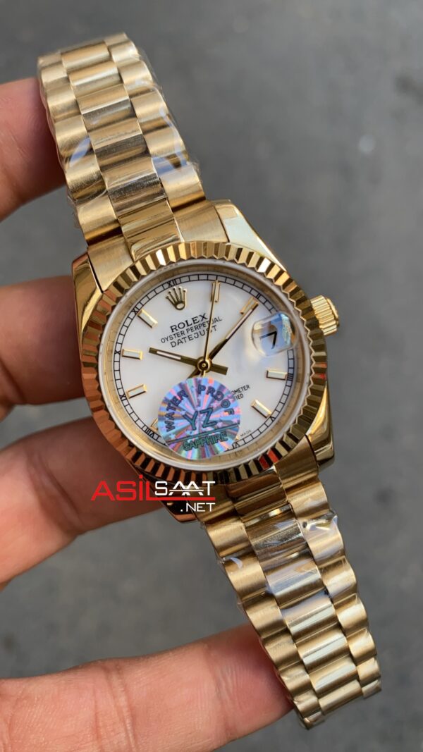 Rolex Datejust 31 mm Beyaz Kadın Saati 278278 White İndex Dial Gold President Ladies Replika Saat
