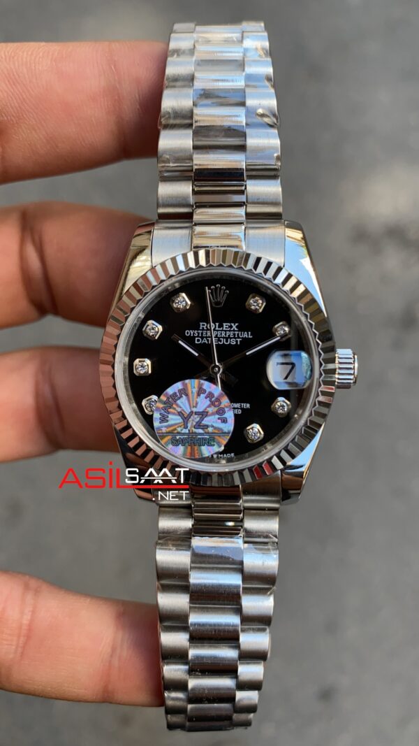 Rolex Datejust 31 mm Siyah Taşlı Kadın Saati 128279 Black Diamond Dial President Fluted Bezel Ladies Silver Replika Saat