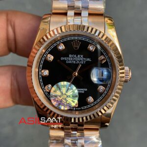 Rolex Datejust 36 mm Kadın Saati 126231 Jubilee Black Diamond Dial Everose Rose Gold Replika Saat