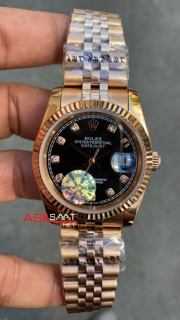 Rolex Datejust 36 mm Kadın Saati 126231 Jubilee Black Diamond Dial Everose Rose Gold Replika Saat