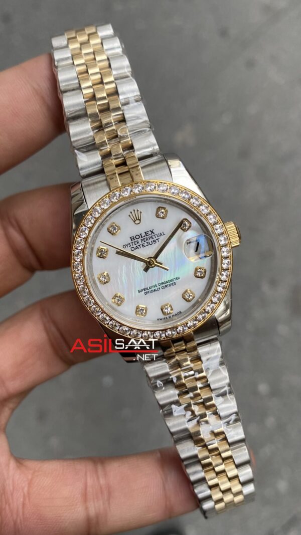Rolex Datejust Mother of Pearl Jubilee 178273 White Dial Diamond and Bezel Lady 31 mm Two Tone Replika Saat