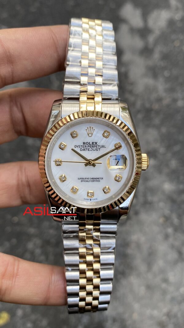 Rolex Datejust Taşlı Beyaz Kadın Saati 126233 Mother of Pearl Diamond White Dial Two Tone 36 mm Jubilee Replika Saat