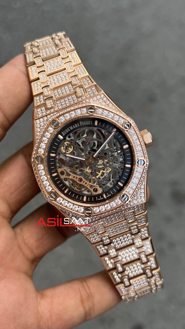 Audemars Piguet Royal Oak Double Balance Skeleton Diamond 41 mm Rose 15407OR Replika Saat